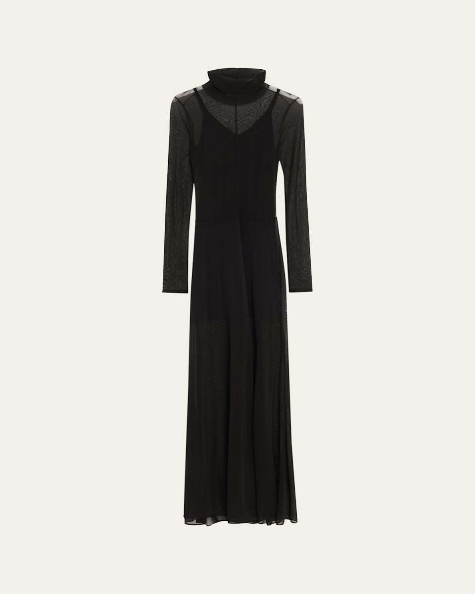 Turtleneck Sheer Knit Long-Sleeve Maxi Dress